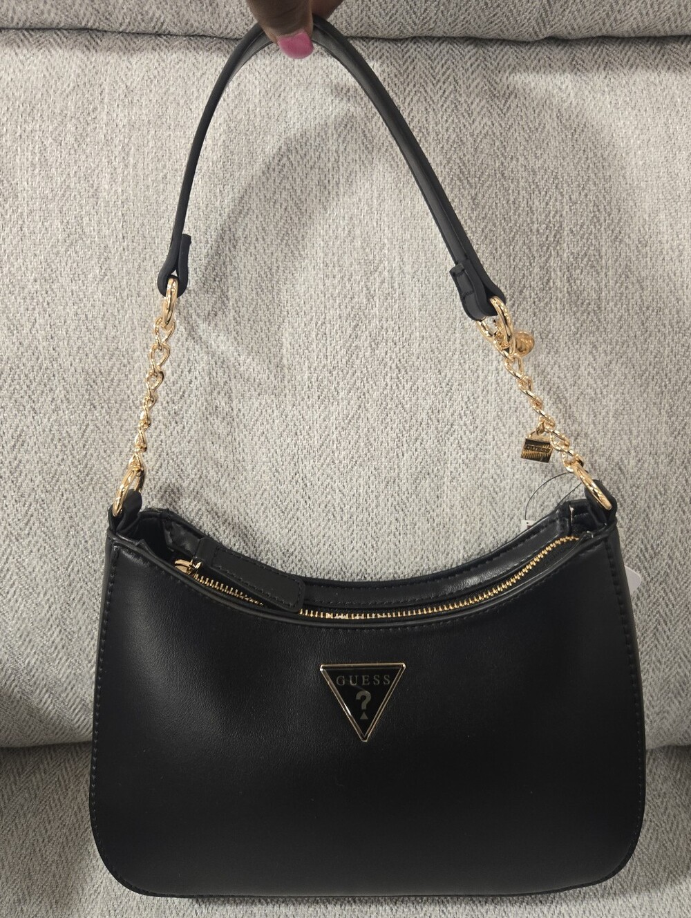 GUESS Black Leatherette Shoulder Bag with Gold Chain Accents